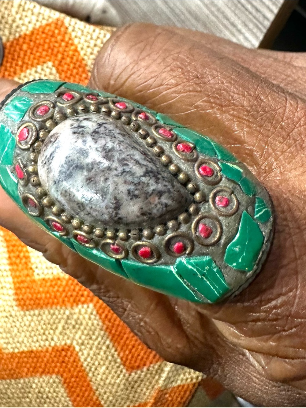 Handcrafted Malachite and Stone jumbo Statement  brass Ring coral accents 9-10